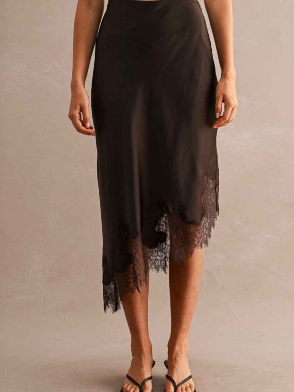 10/24 DROP! NWT Brown Lace Satin Trim Hem Fall Skirt SML Asymmetric - Picture 3 of 5